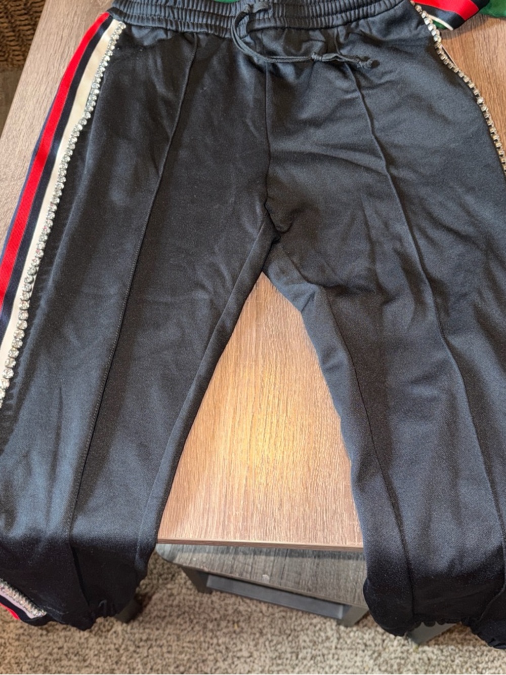 Gucci Black Track Pants with Red & Green Side Stripes and Crystal Trim
